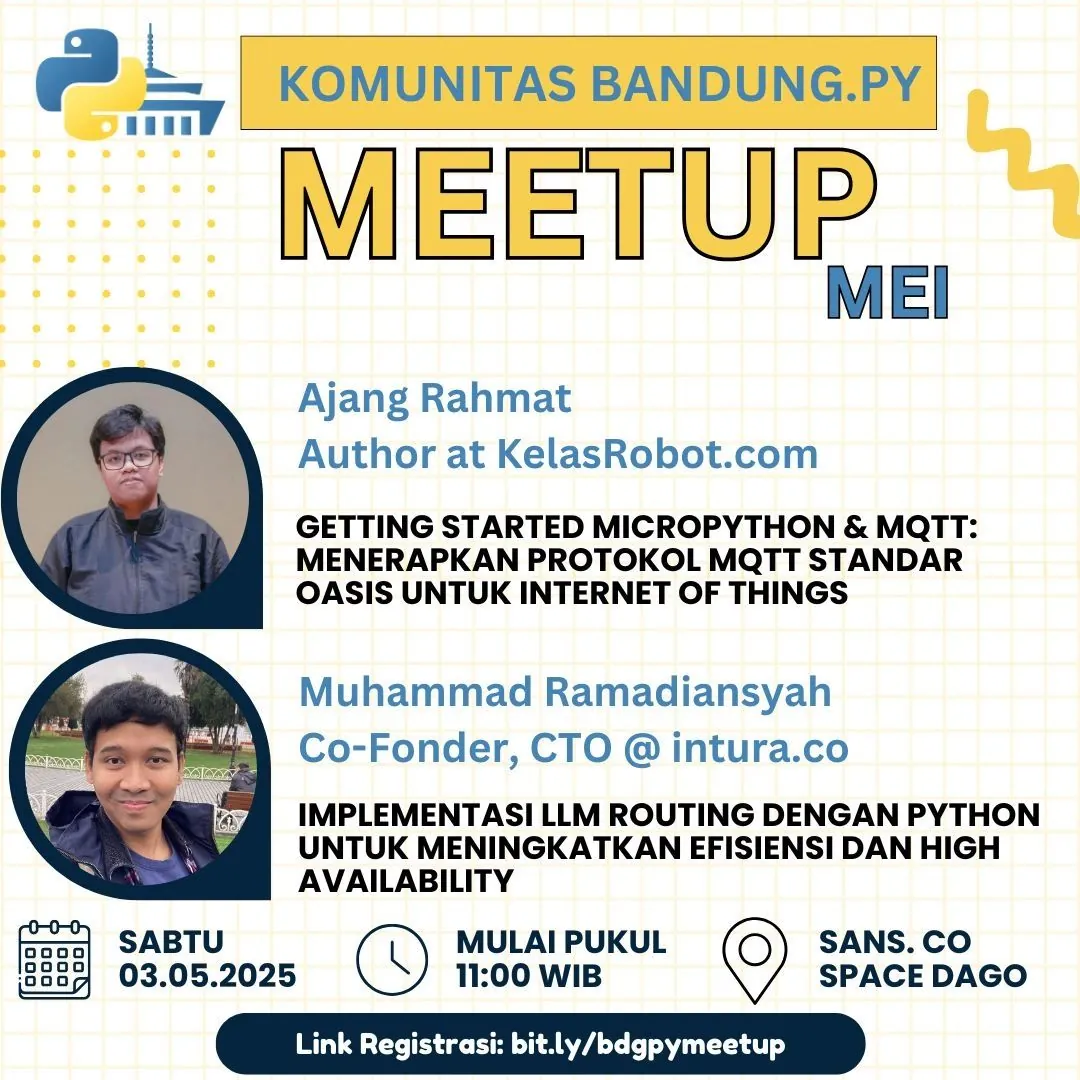 BandungPy May 2025 meetup poster featuring Muhammad Ramadiansyah, CTO of Intura