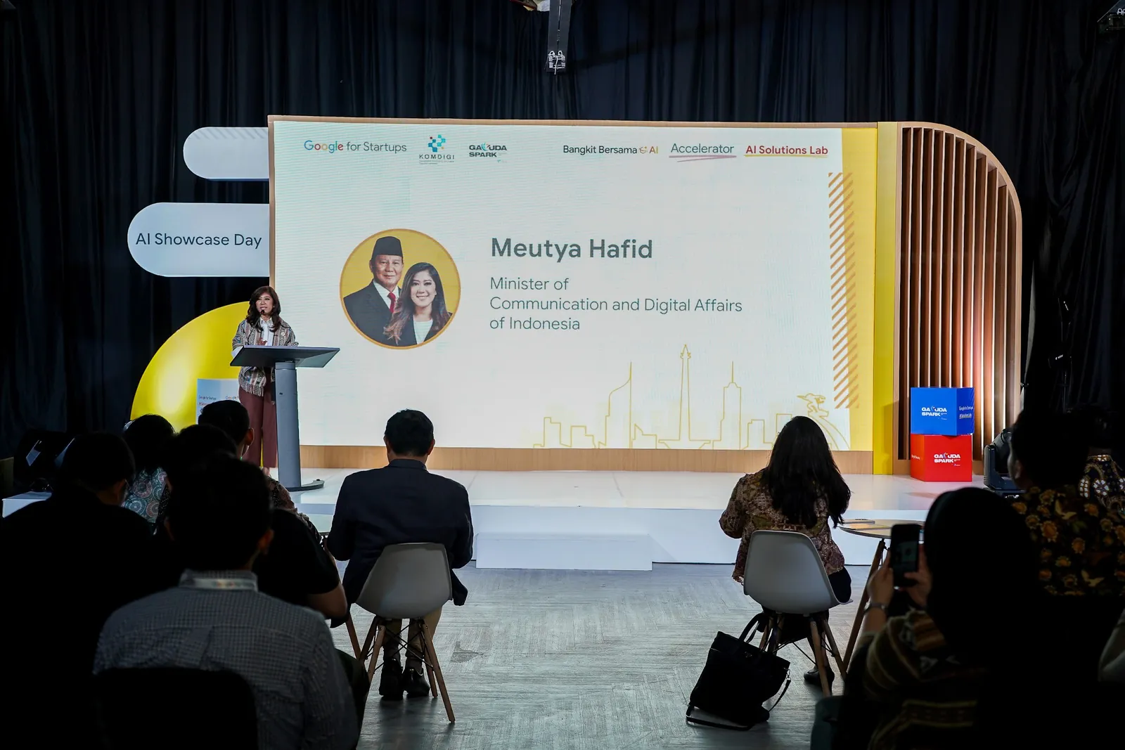 Minister Meutya Hafid, Minister of Communication and Digital Affairs of Indonesia, speaking at Google for Startups AI Showcase Day 2026