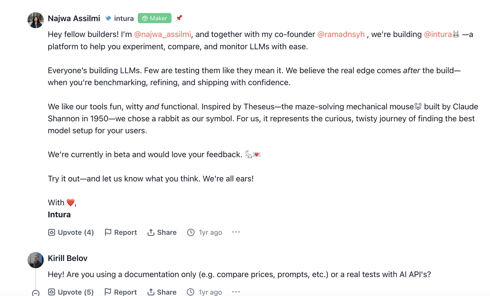 Maker post by Najwa Assilmi, Co-Founder of Intura, introducing the platform to the Product Hunt community