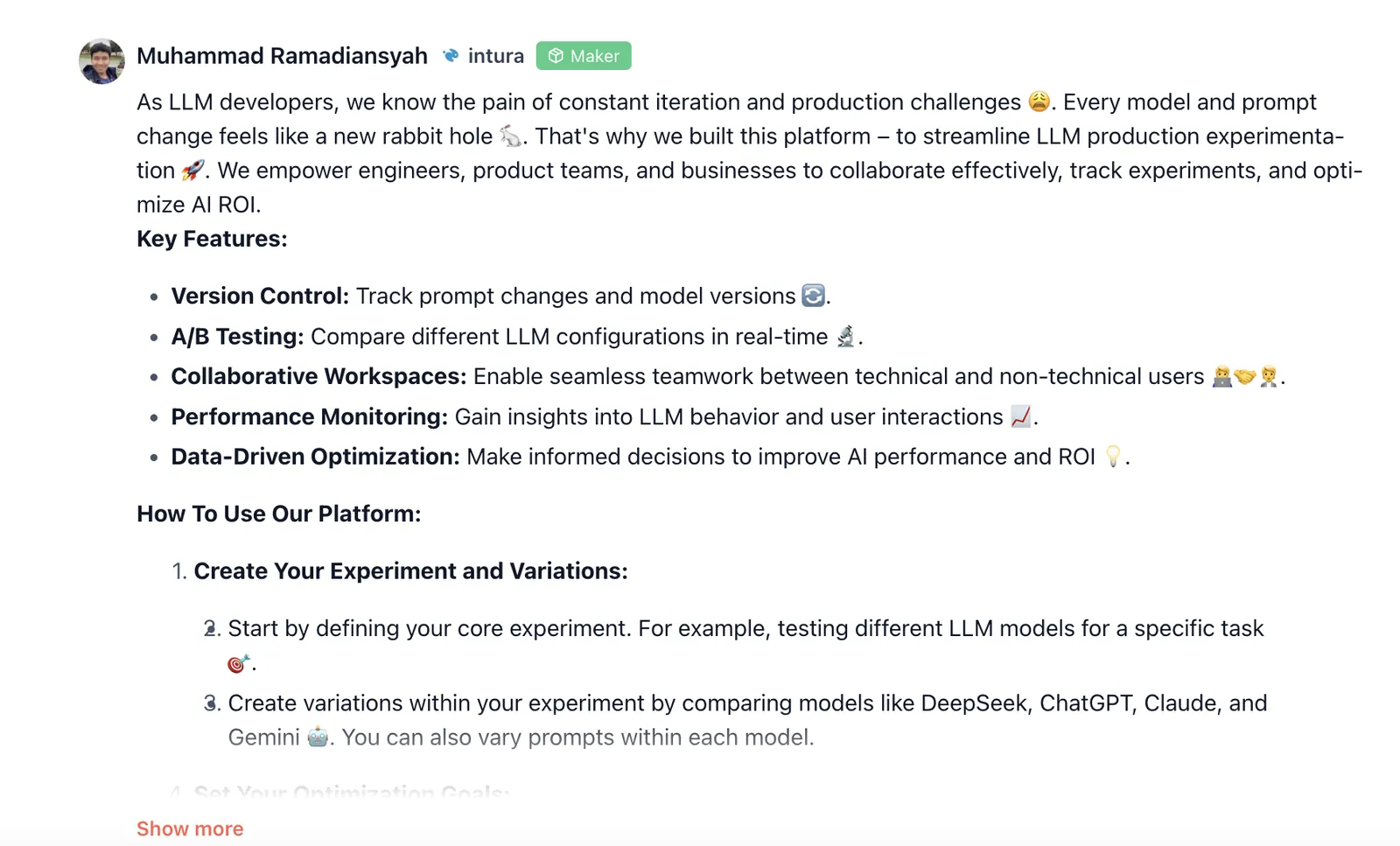 Muhammad Ramadiansyah, Co-Founder and CTO of Intura, detailing key product features in the Product Hunt comments