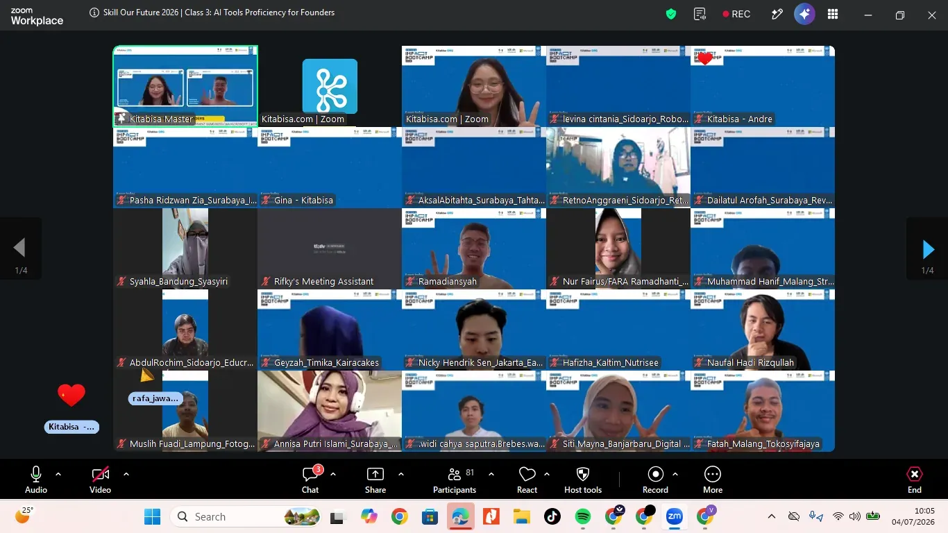 Group photo of youth EdTech founders attending the AI Tools Proficiency for Founders session at the Kitabisa × UNDP EdTech Impact Bootcamp 2026 via Zoom