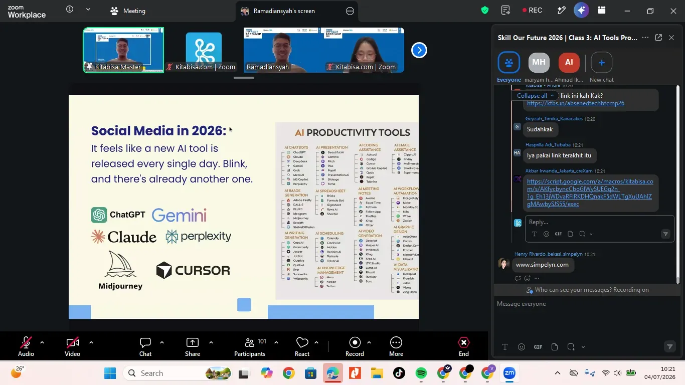 Session slide mapping the AI tool categories founders use in 2026 — design, coding, productivity, and research — at the EdTech Impact Bootcamp